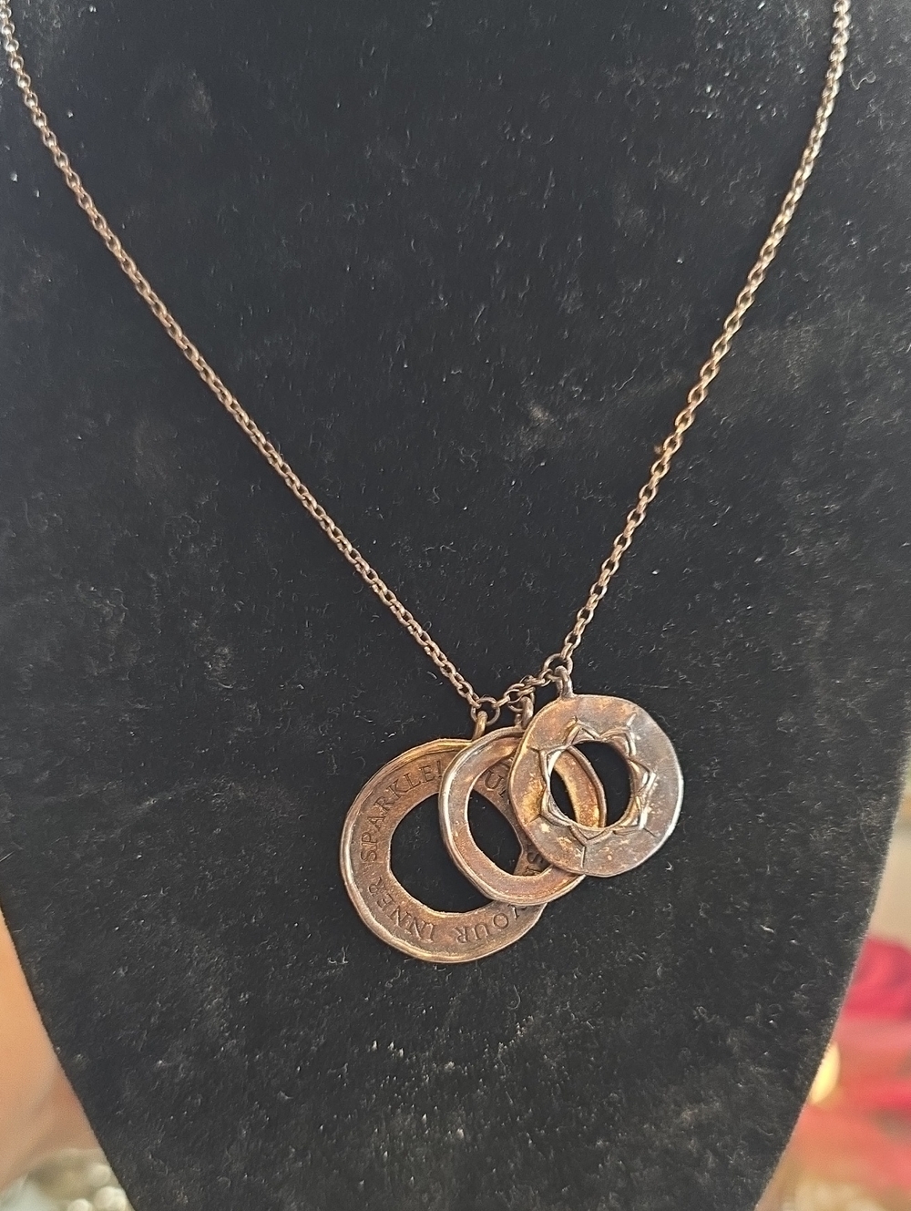 Vintage-Inspired Bronze Triple Ring Pendant Necklace